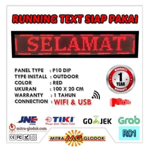 Running Text Merah Satu Warna P10 Outdoor Siap Pakai WIFI + USB | RED - 100 x 20 cm